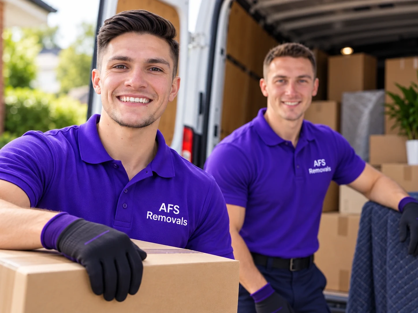 Two AFS Removals movers in front of a loaded removals van