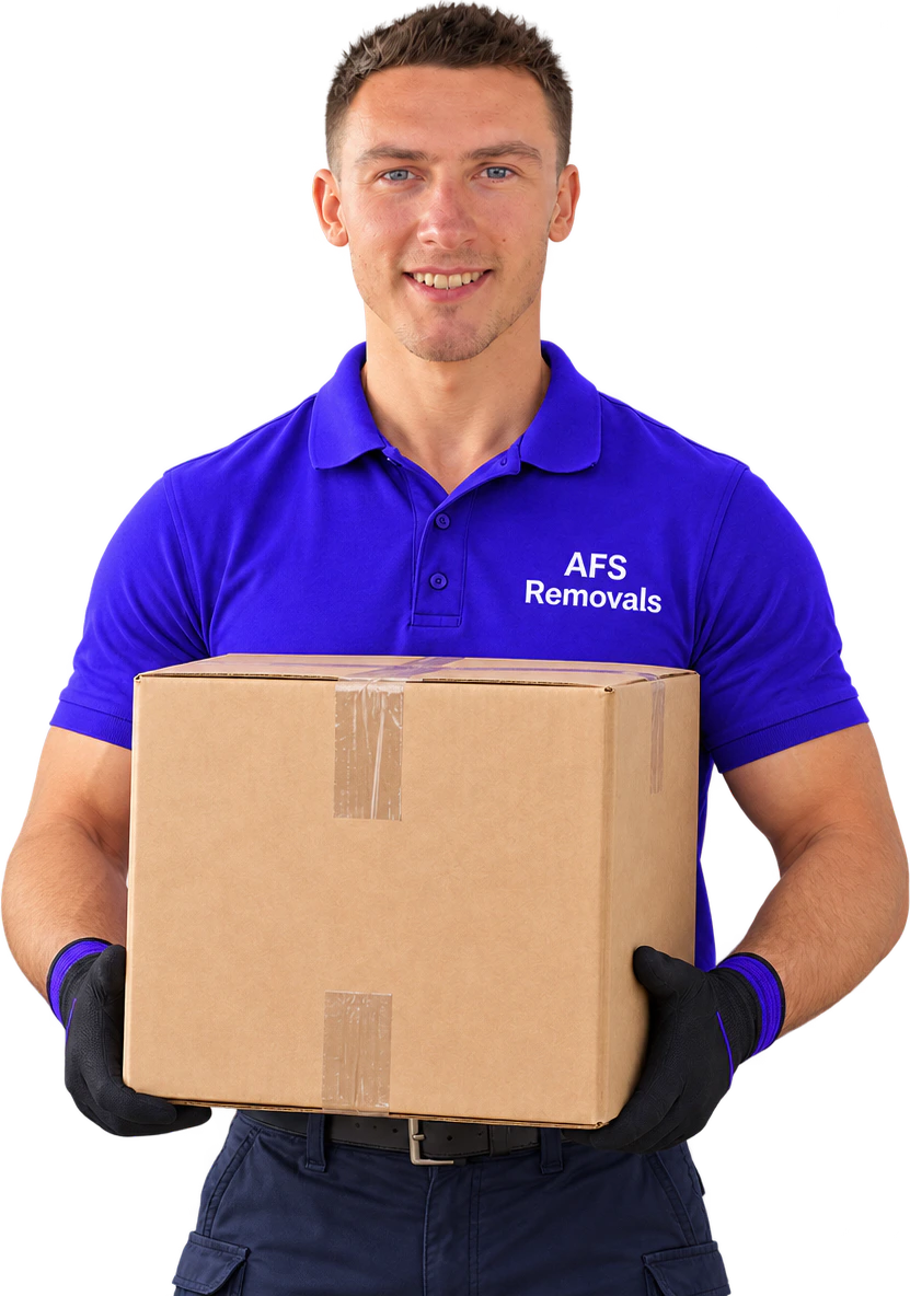 AFS Removals mover carrying a moving box