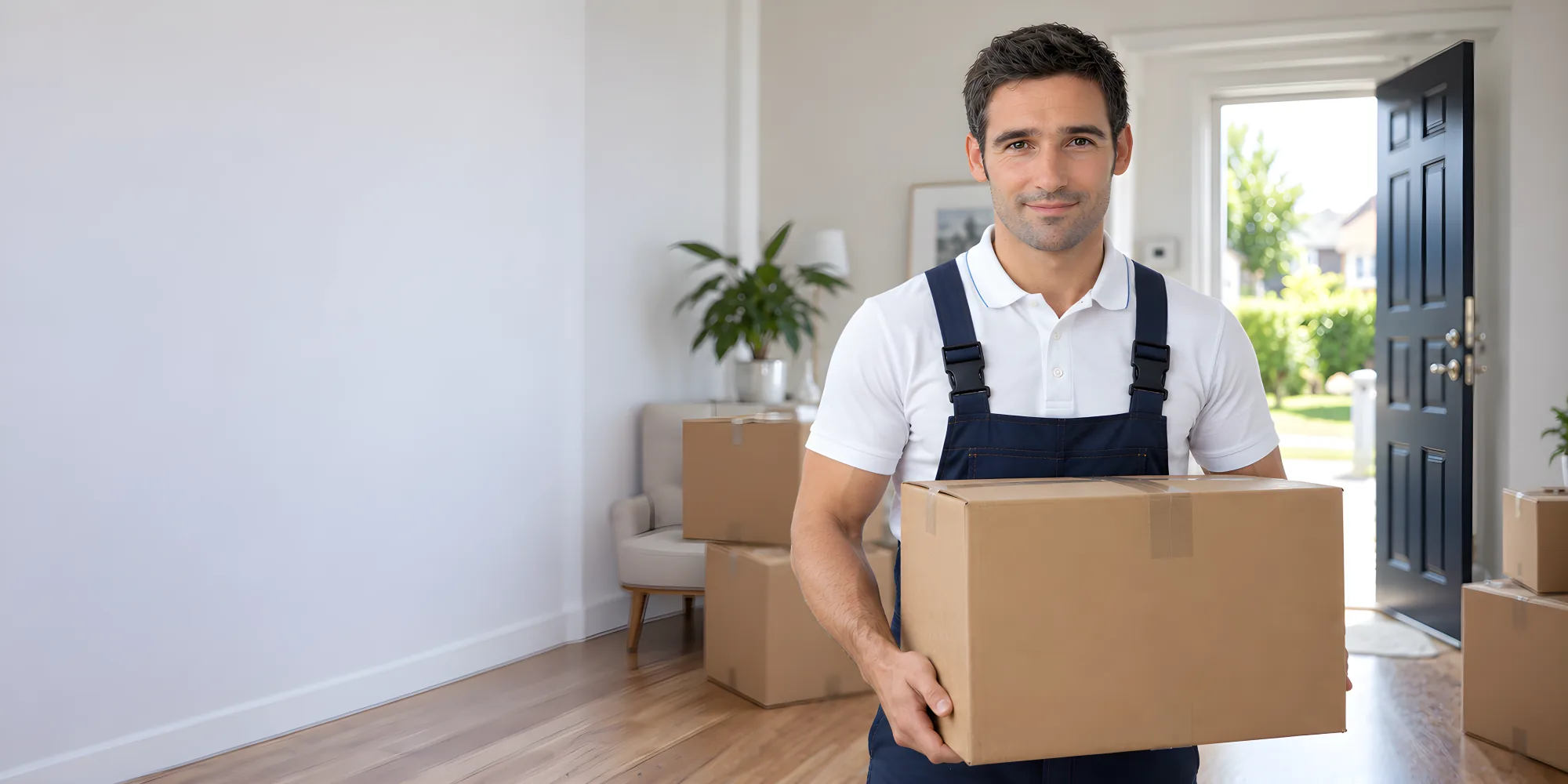 Professional removals specialist holding a moving box